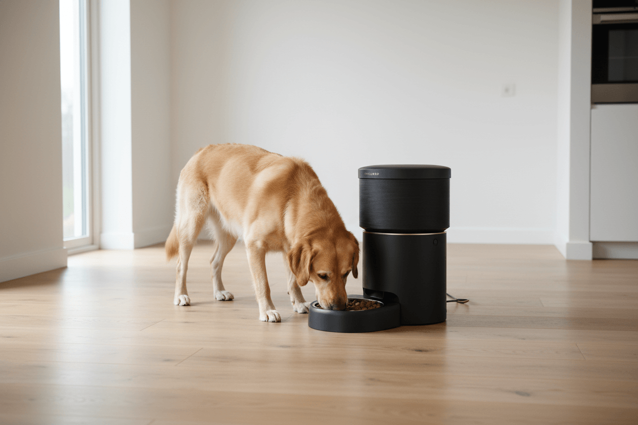 smart pet feeder with dog eating