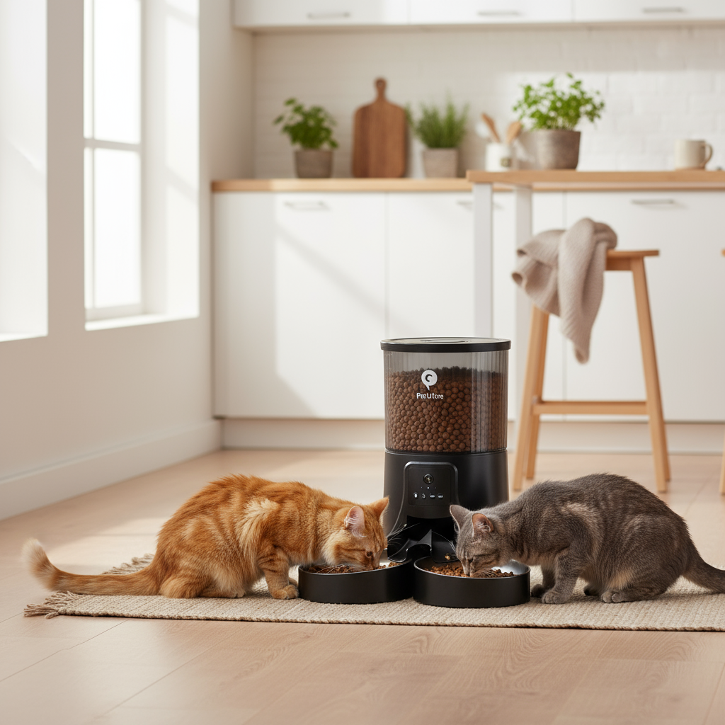 PetUltra WiFi Feeder in Cozy Kitchen with Two Cats