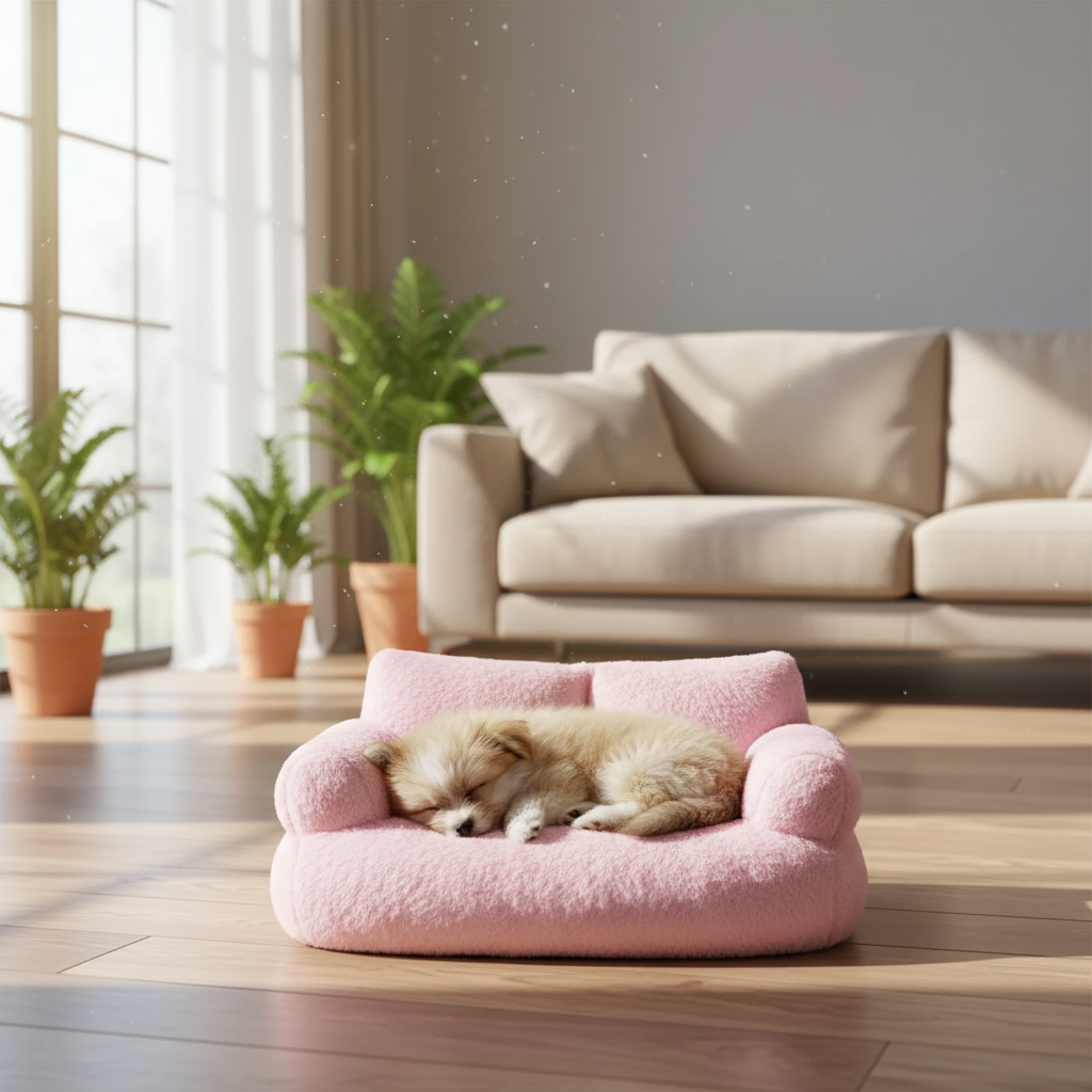 Pink pet couch - puppy in living room