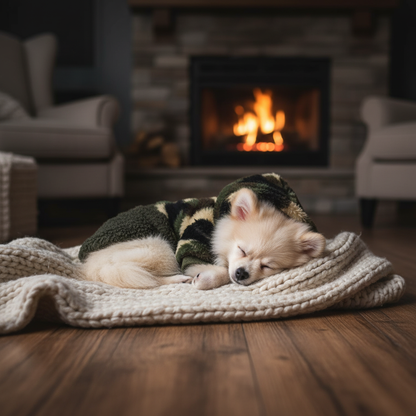 Pomeranian by fireplace