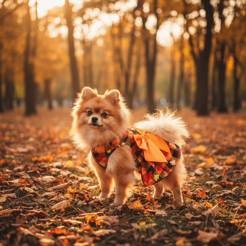 Autumn Plaid Puppy Dress – Maple Style on a pomeranian in a fall setting with colorful leaves.