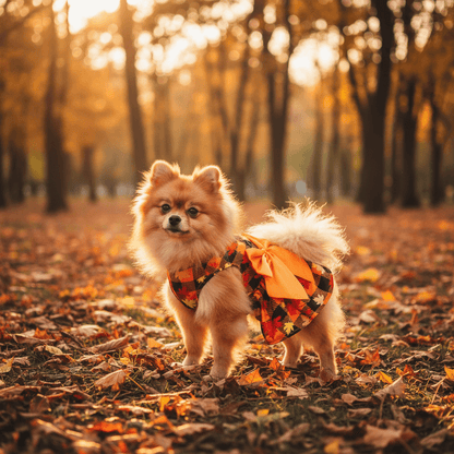Autumn Plaid Puppy Dress – Maple Style on a pomeranian in a fall setting with colorful leaves.