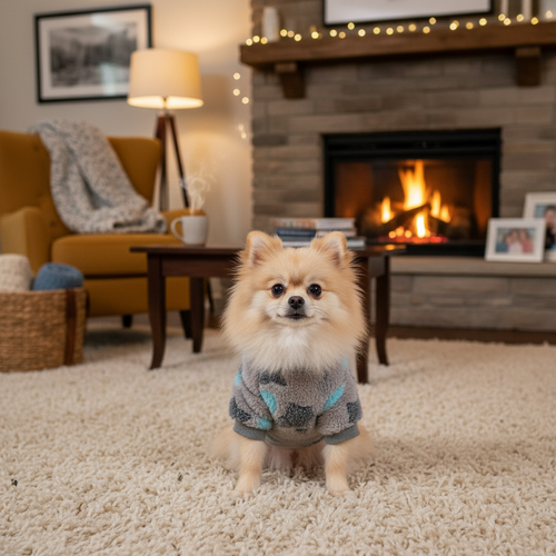 Pomeranian wearing grey sweater - fireplace