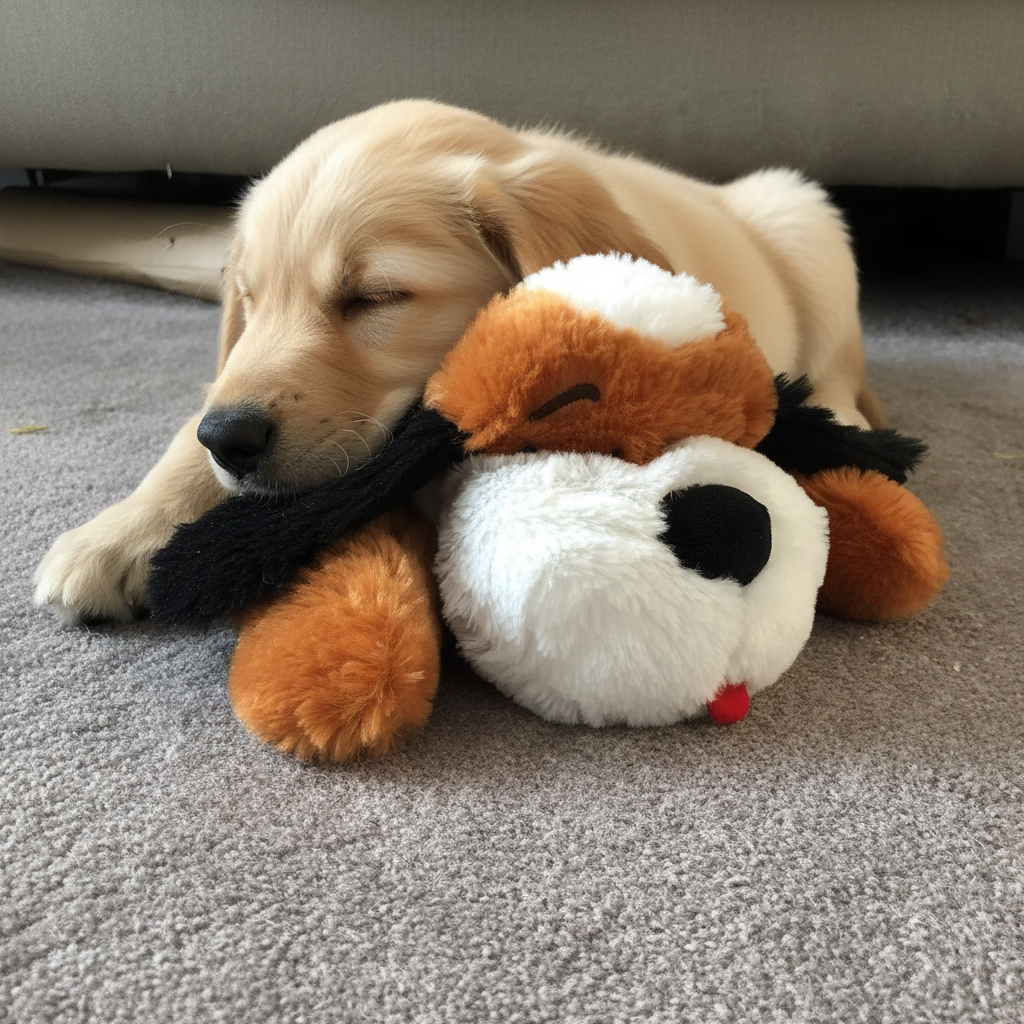 Puppy cuddling with heartbeat toy