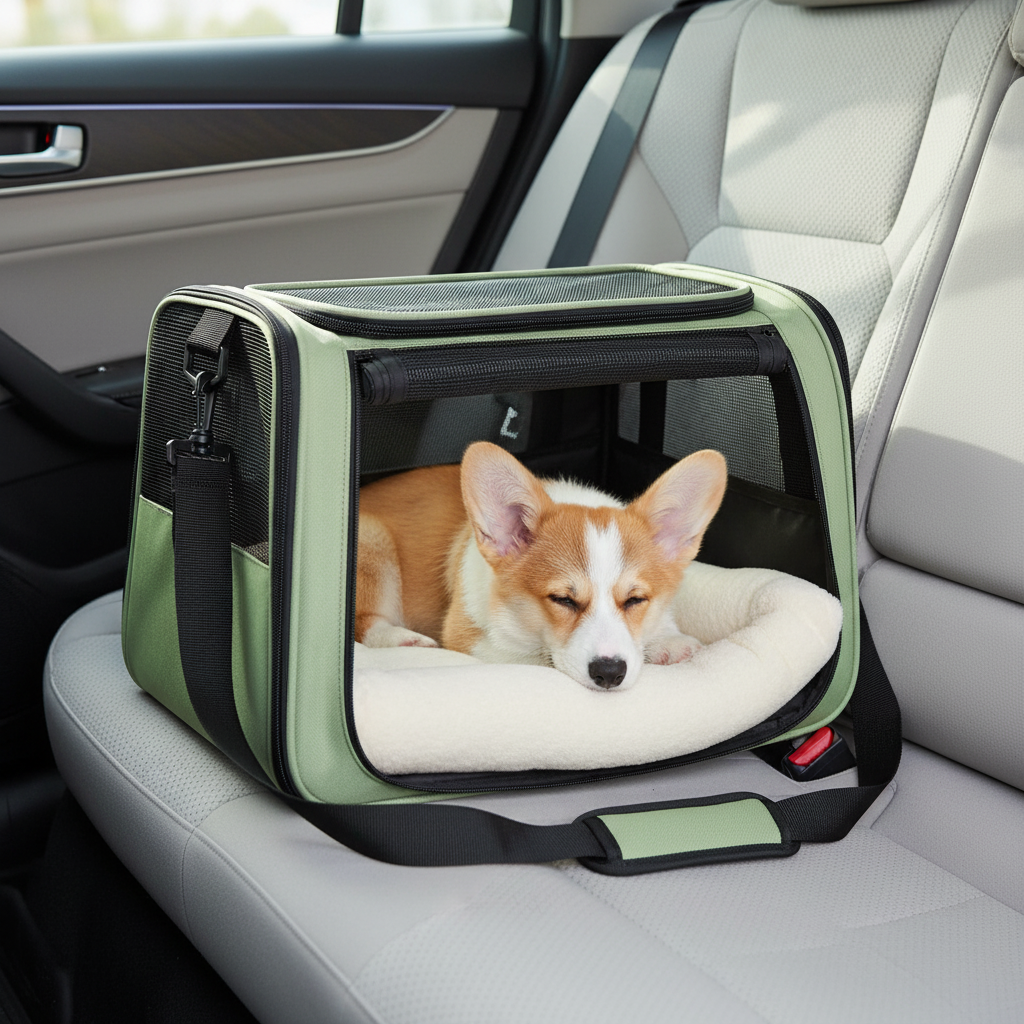 Puppy in car carrier