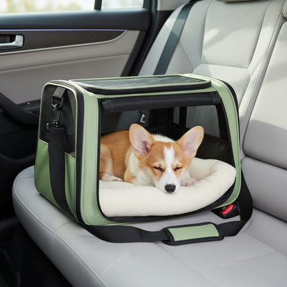 Puppy in car carrier