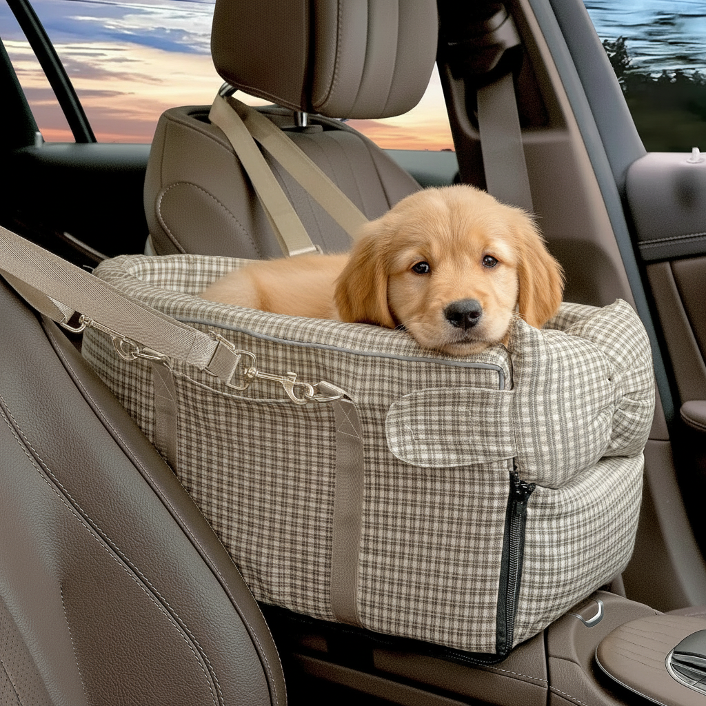 Puppy in console car seat