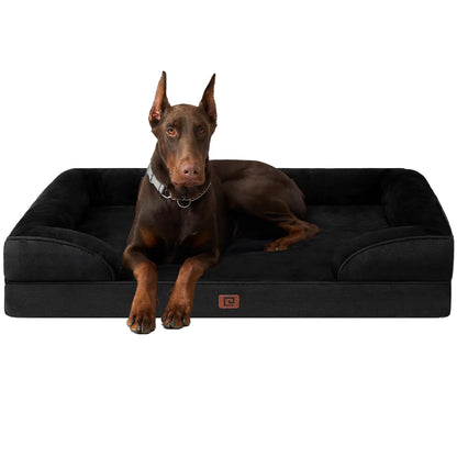 Dog lying on a black dog bed with a white background