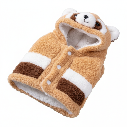 Red panda dog hoodie, warm fleece winter costume for small dogs with cute panda face and ears.