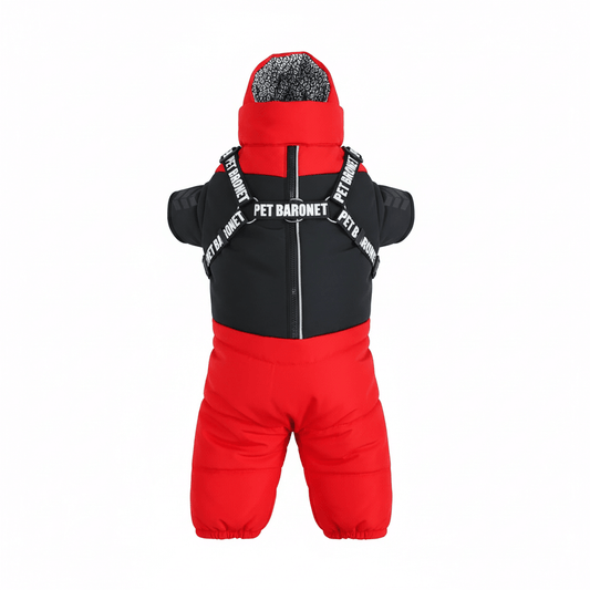 Hooded dog winter jacket featuring Omni-Heat technology, providing full coverage with a stylish red and black design.