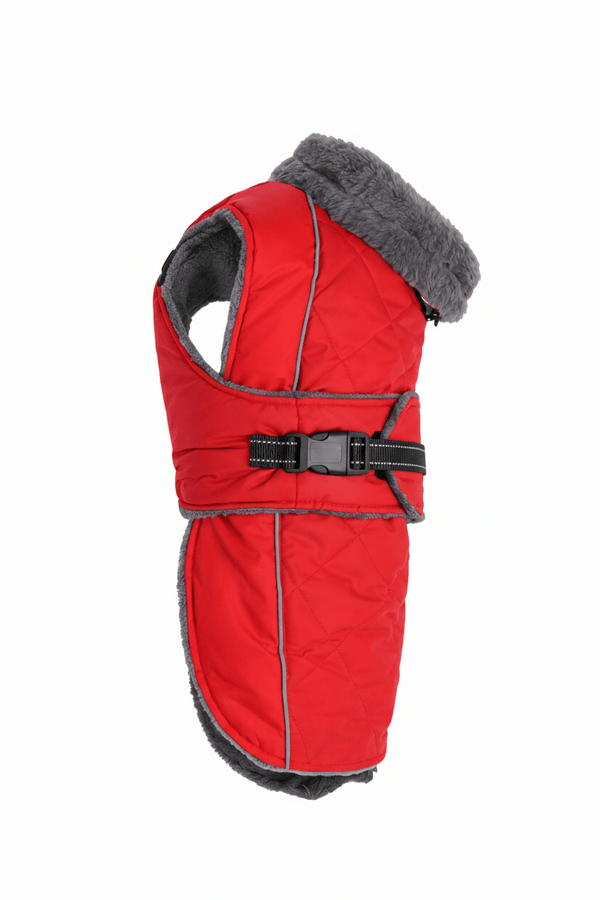 Warm reflective winter dog jacket in bright red color with fur-trimmed turtleneck and adjustable belt.