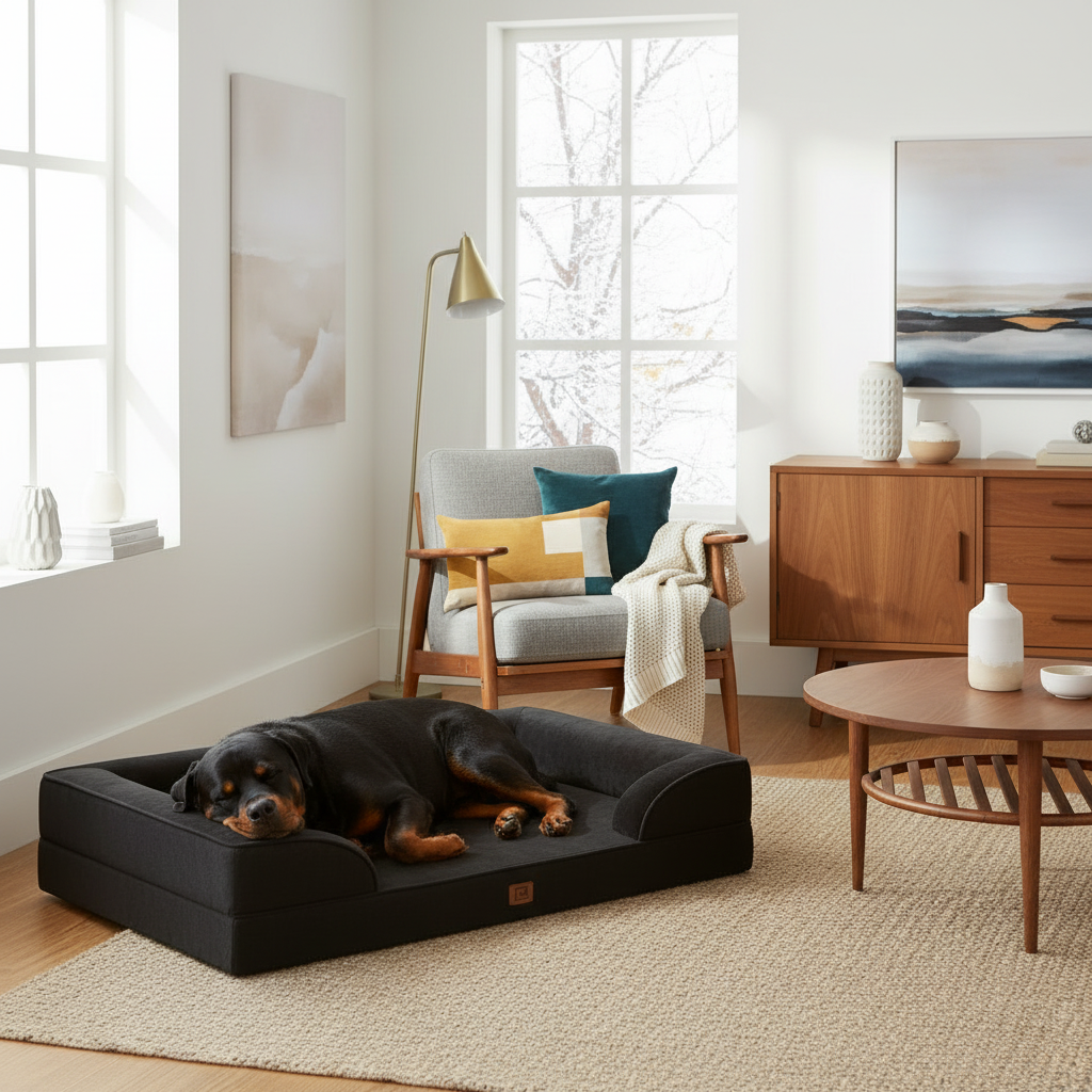 Rottweiler in mid-century modern room
