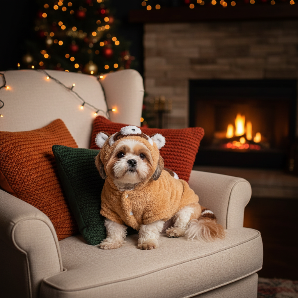 Shih Tzu in Red Panda hoodie with Christmas lights