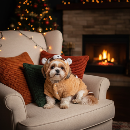 Shih Tzu in Red Panda hoodie with Christmas lights