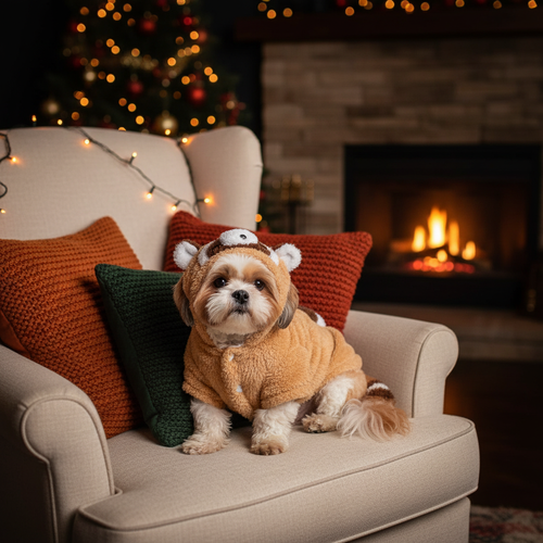 Shih Tzu in Red Panda hoodie with Christmas lights