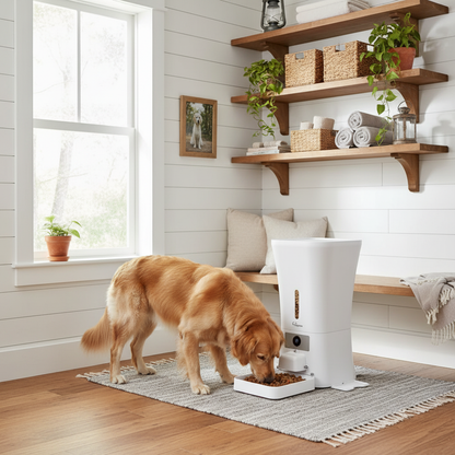 Skymee 12L Feeder with Large Dog in Cozy Mudroom