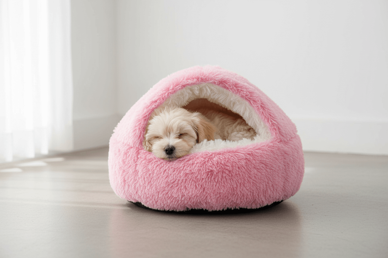 Small dog in pink hooded pet bed