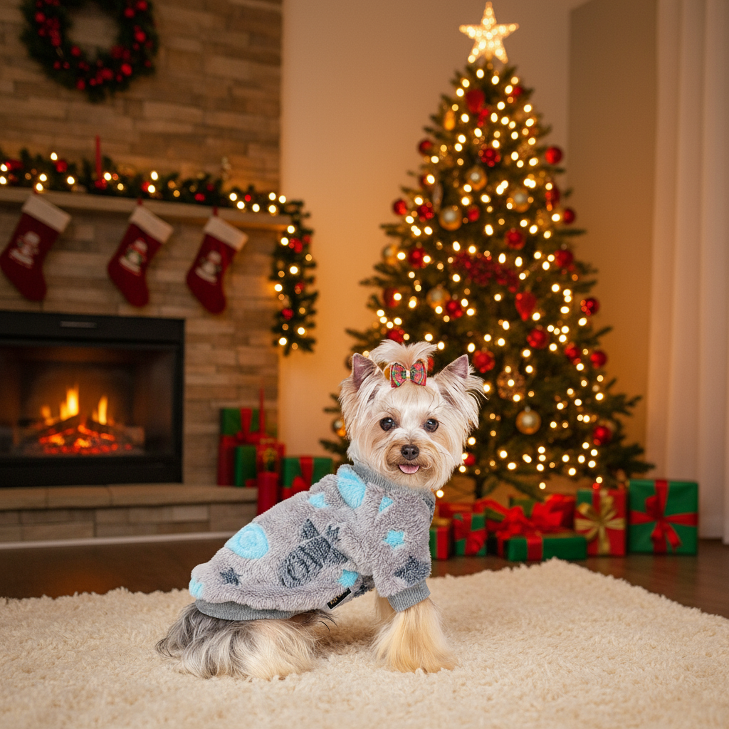 Small dog wearing grey sweater - Christmas