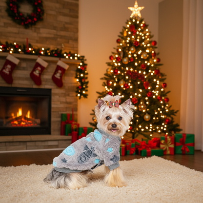 Small dog wearing grey sweater - Christmas