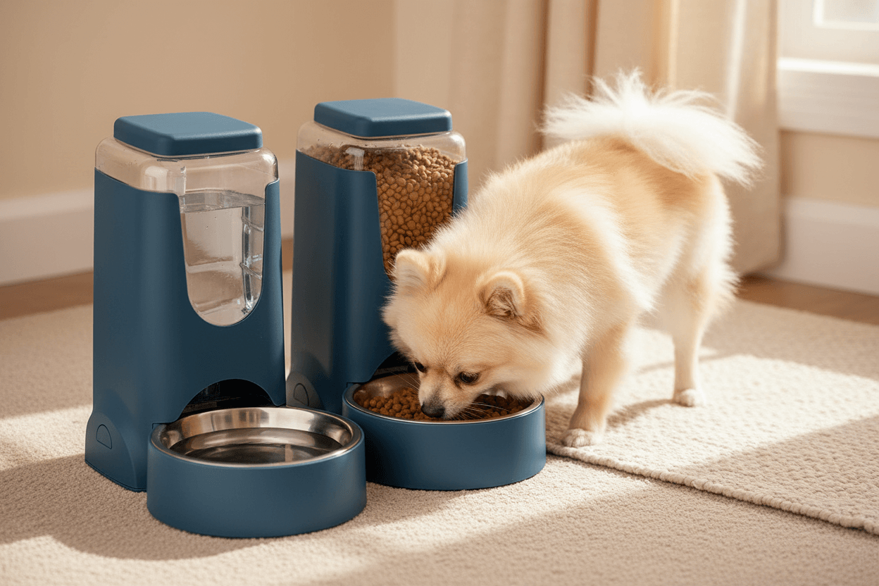 Pomeranian eating from automatic pet feeder in a cozy setting with gravity water dispenser.