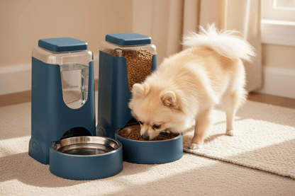 Pomeranian eating from automatic pet feeder in a cozy setting with gravity water dispenser.