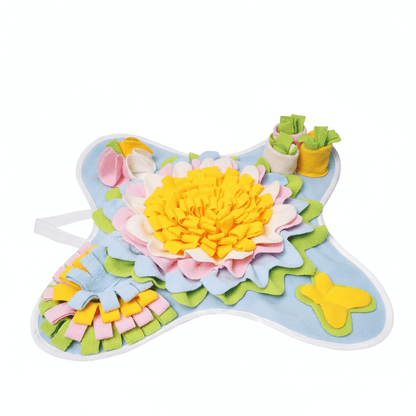 Colorful snuffle mat for dogs featuring various textures and pockets for treat foraging and slow feeding.
