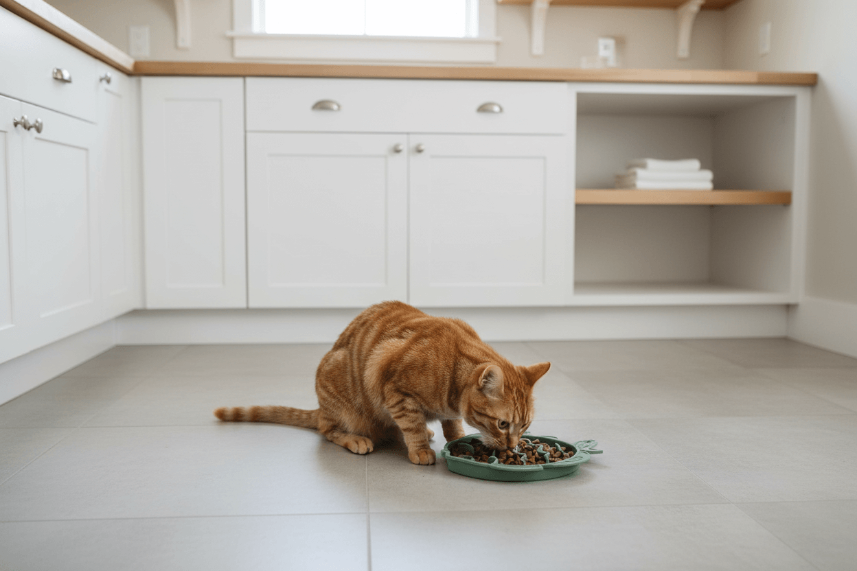 Cat slowly eating from a cat slow feeder and lick mat in a modern kitchen.