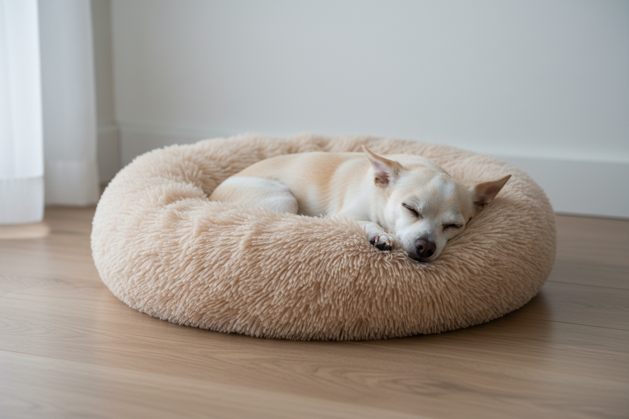 Terrier in beige donut bed