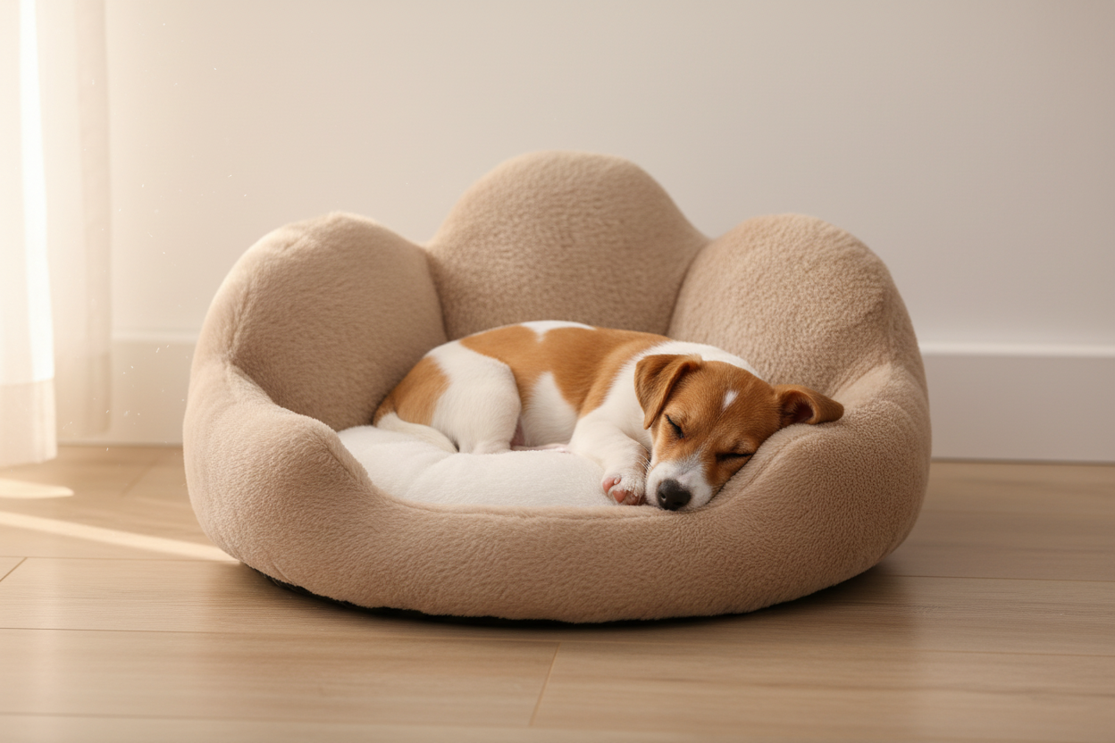 Terrier in flower petal bed