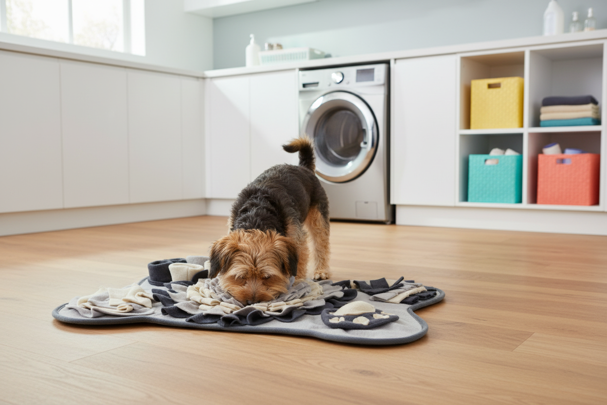 Terrier in modern laundry room
