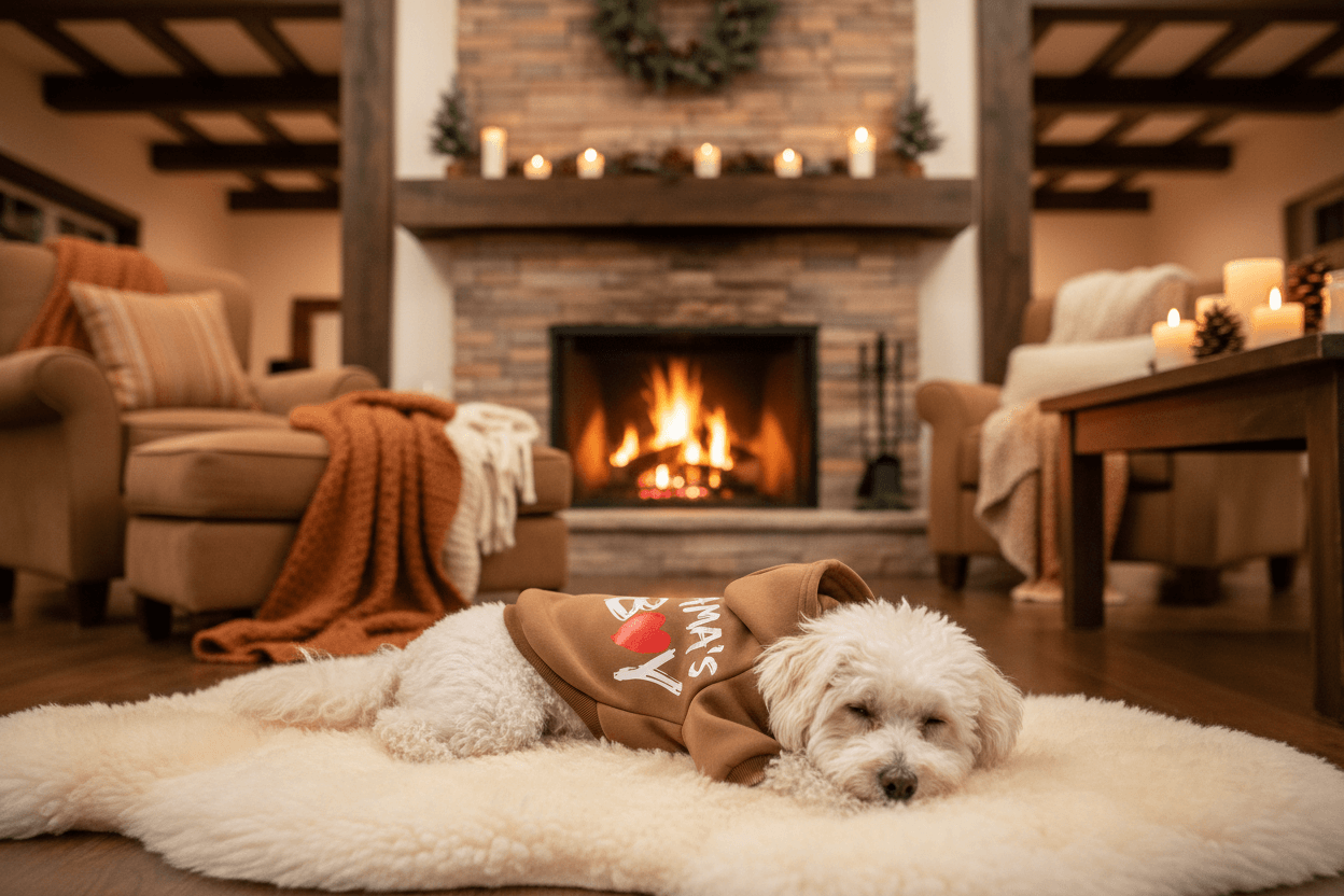 Pet Hoodie - Soft Sweatshirt for Small Dogs & Cats on a cozy rug in front of a fireplace, showcasing warmth and style.