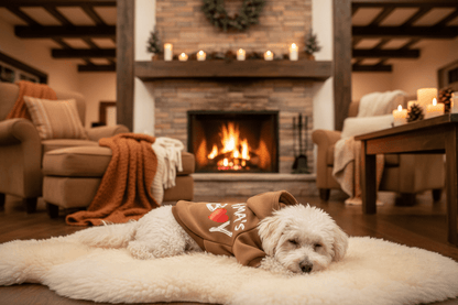 Pet Hoodie - Soft Sweatshirt for Small Dogs & Cats on a cozy rug in front of a fireplace, showcasing warmth and style.