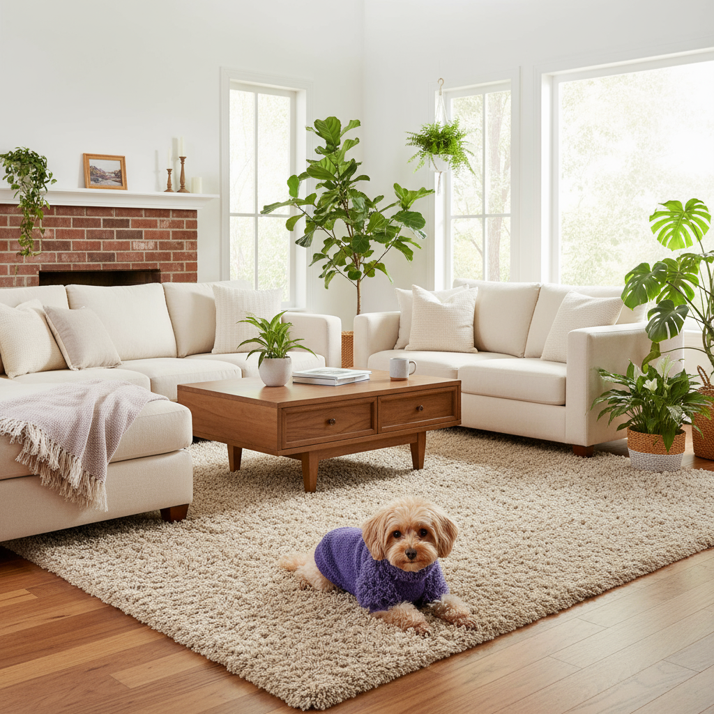 Dog in a living room with white sofas, wooden coffee table, and potted plants.