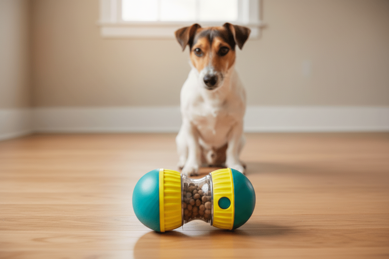 Treat ball with Jack Russell - product focused