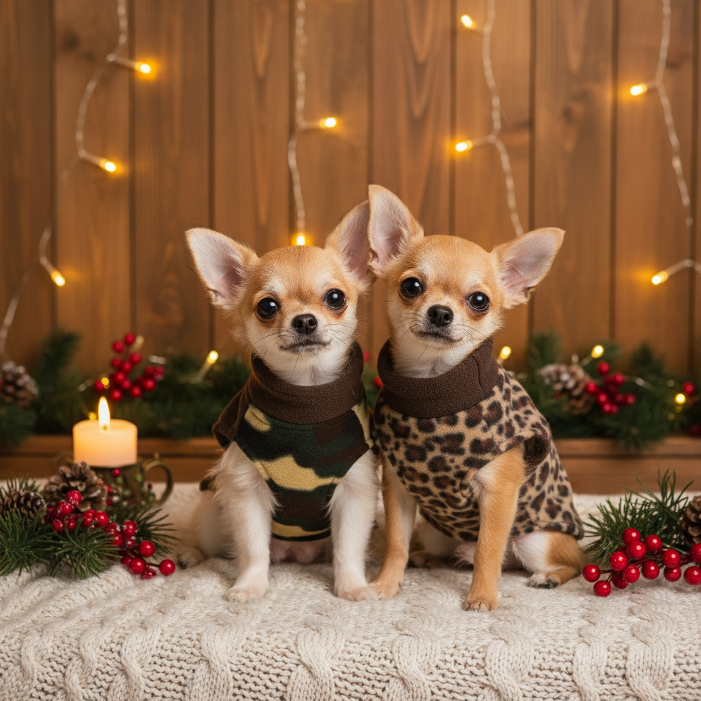 Two chihuahuas in sweaters holiday scene