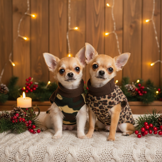 Two chihuahuas in sweaters holiday scene