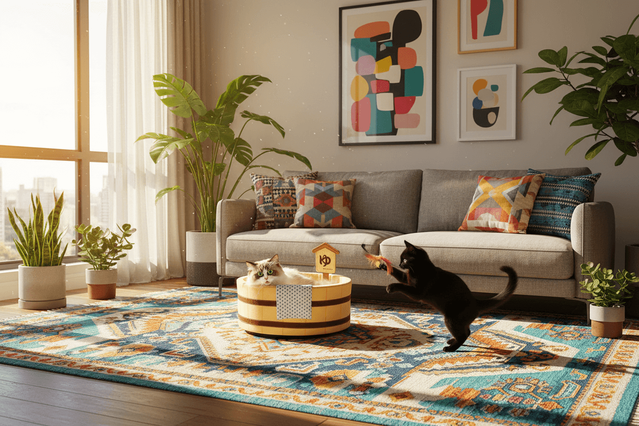 Japanese barrel cat bed in living room with cats