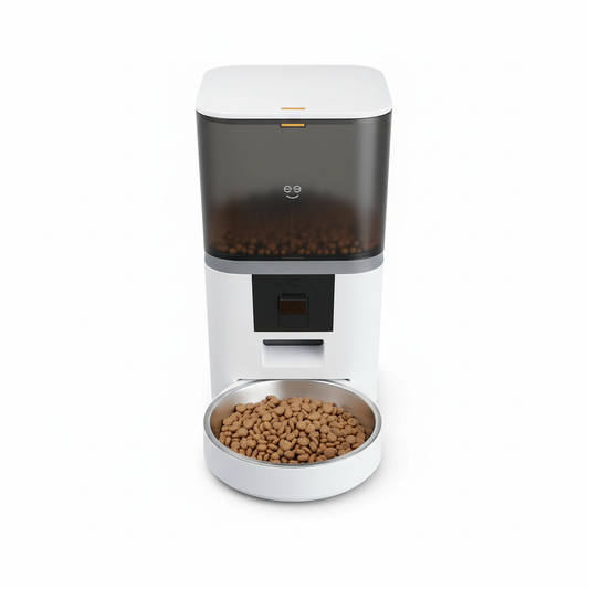 Smart automatic pet feeder with HD camera and WiFi capabilities, featuring a bowl filled with pet food.