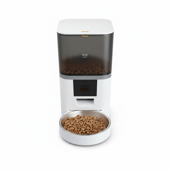 Smart automatic pet feeder with HD camera and WiFi capabilities, featuring a bowl filled with pet food.
