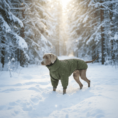 Weimaraner in snowy forest