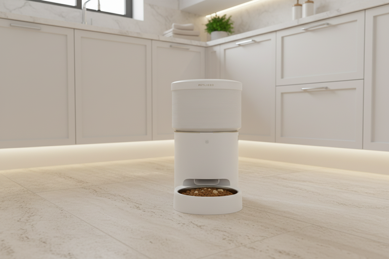 White smart feeder in modern white utility room