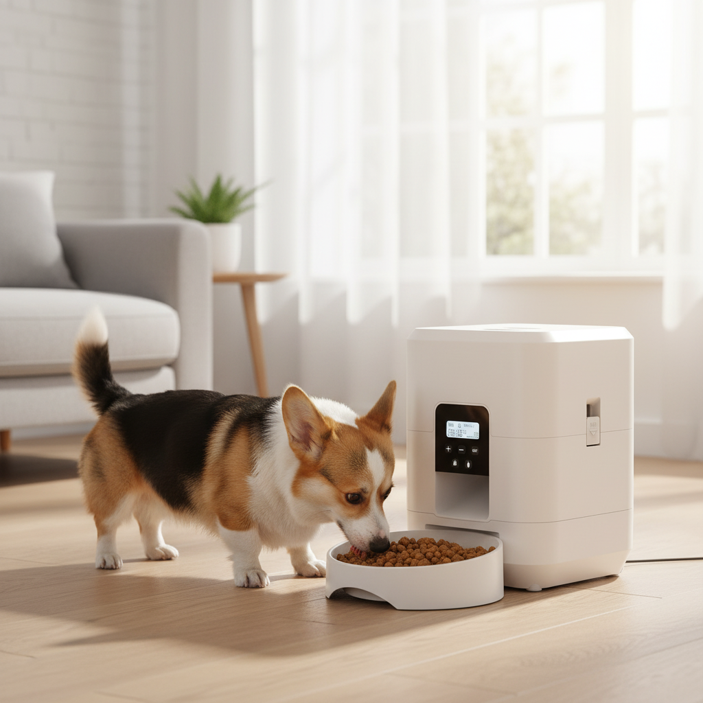 White PetMate Smart Feeder with Corgi