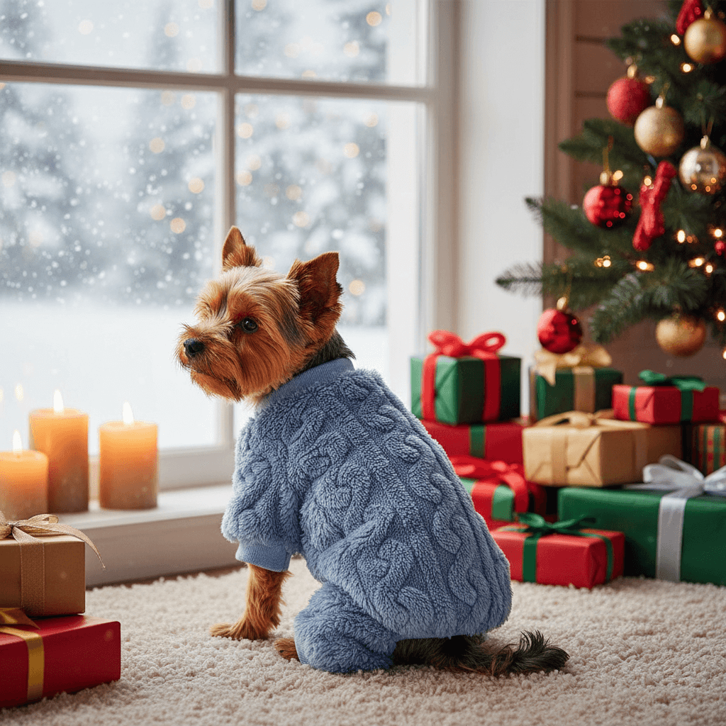 Fleece Pajamas for Small Dogs – 4-Leg Cozy Winter Jumpsuit on a small dog by the window with holiday decorations.