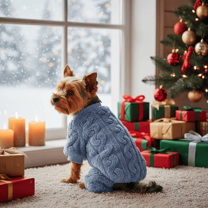 Fleece Pajamas for Small Dogs – 4-Leg Cozy Winter Jumpsuit on a small dog by the window with holiday decorations.