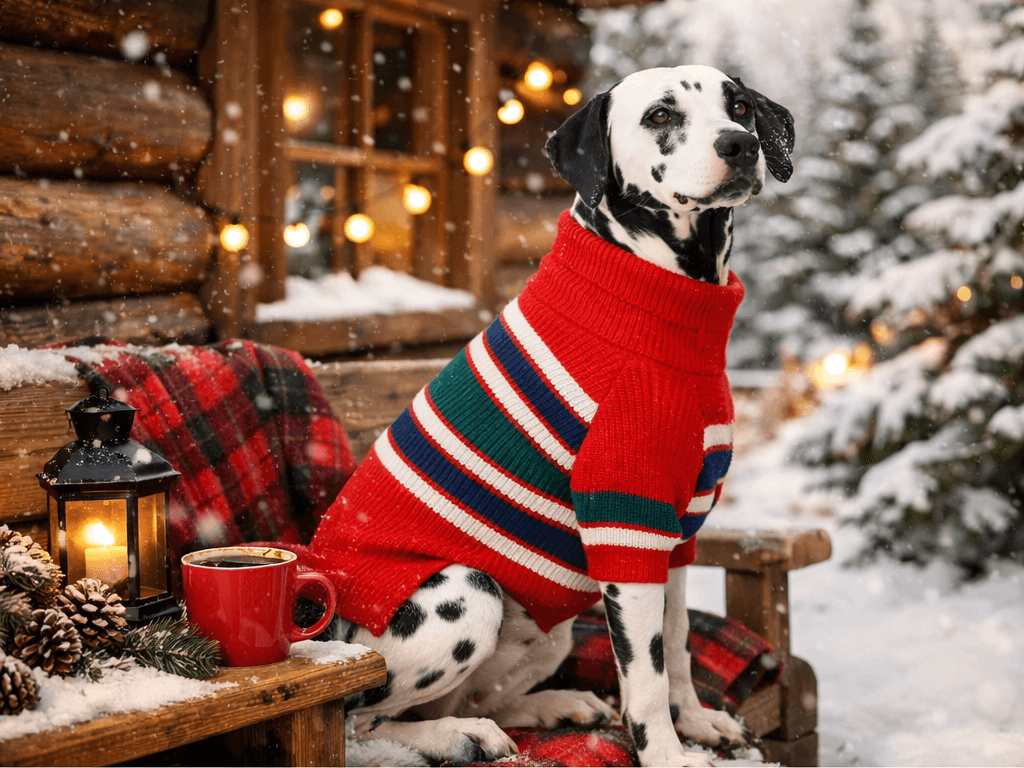 Large dog in red striped dog sweater during cold weather walk