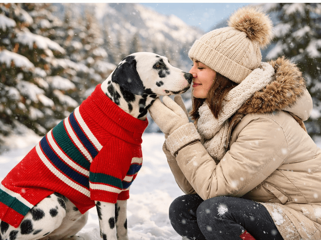 XL dog wearing a striped turtleneck sweater outdoors in winter