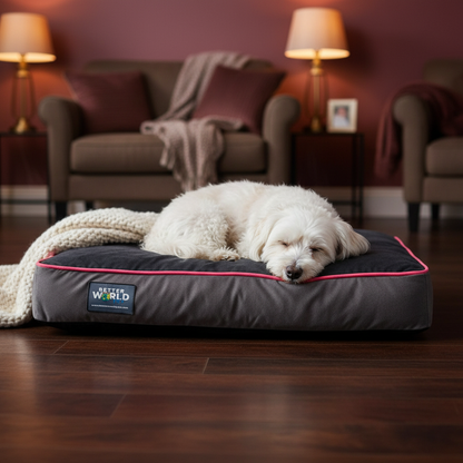 Witte hond in warme kamer