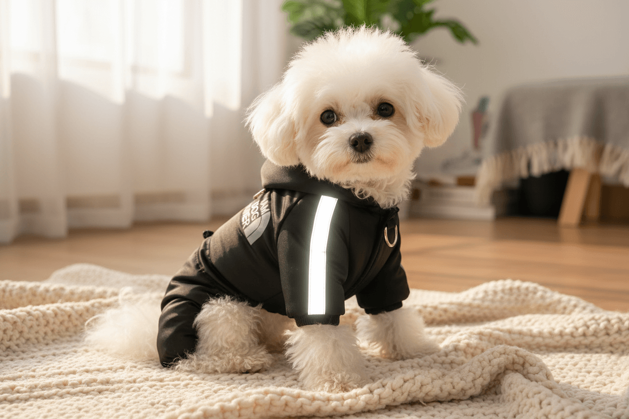 Premium windproof dog jumpsuit on small white dog laying on blanket in sunny room.