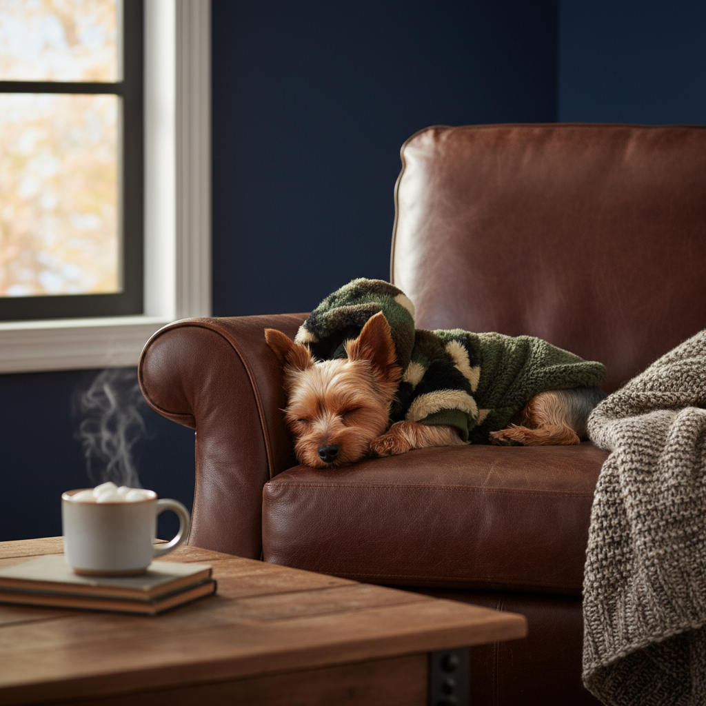 Yorkie in winter interior