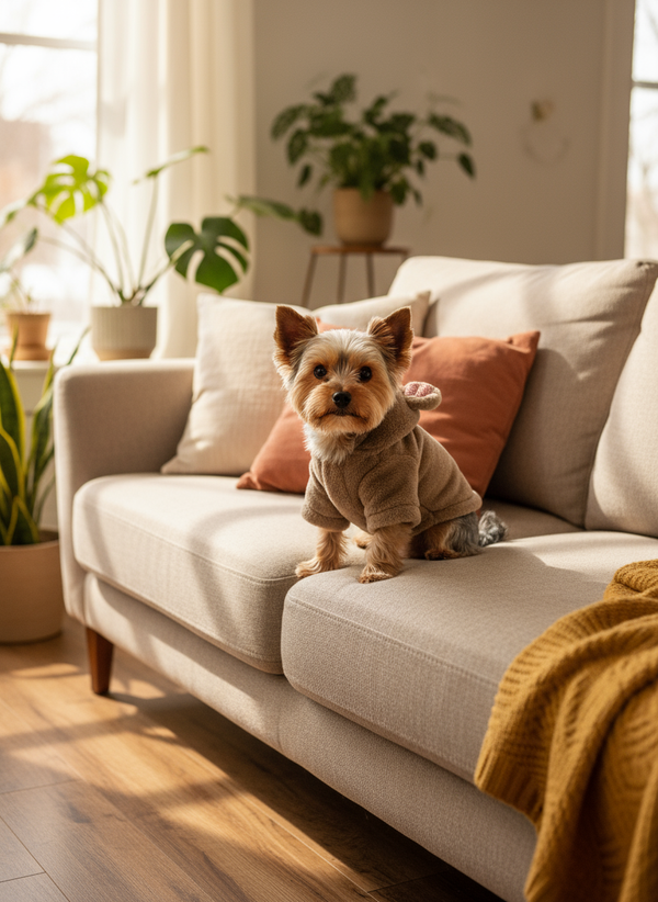 Yorkie wearing 3D ear hoodie - living room